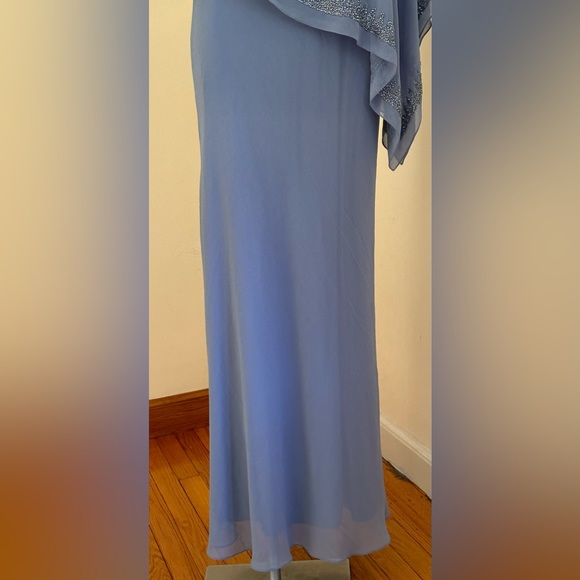 J Kara NWTS Overlay Asymmetrical Maxi Evening Dress Dusty Blue Sheer Bea… - Picture 2 of 16